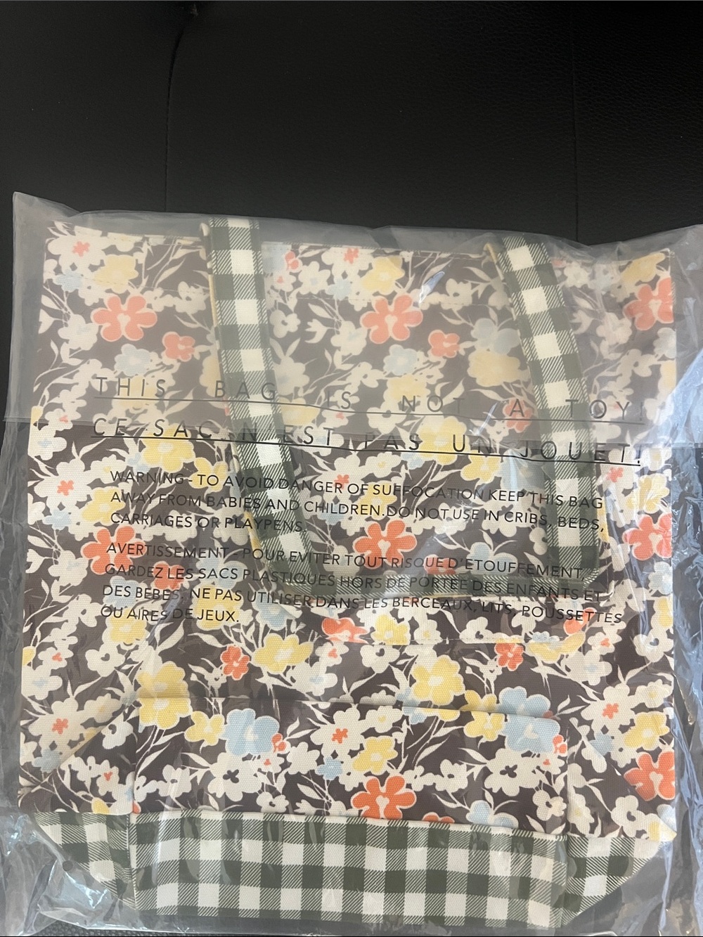 Tory Burch Floral Canvas Tote in Black, Yellow, Orange, Blue & Green Trim